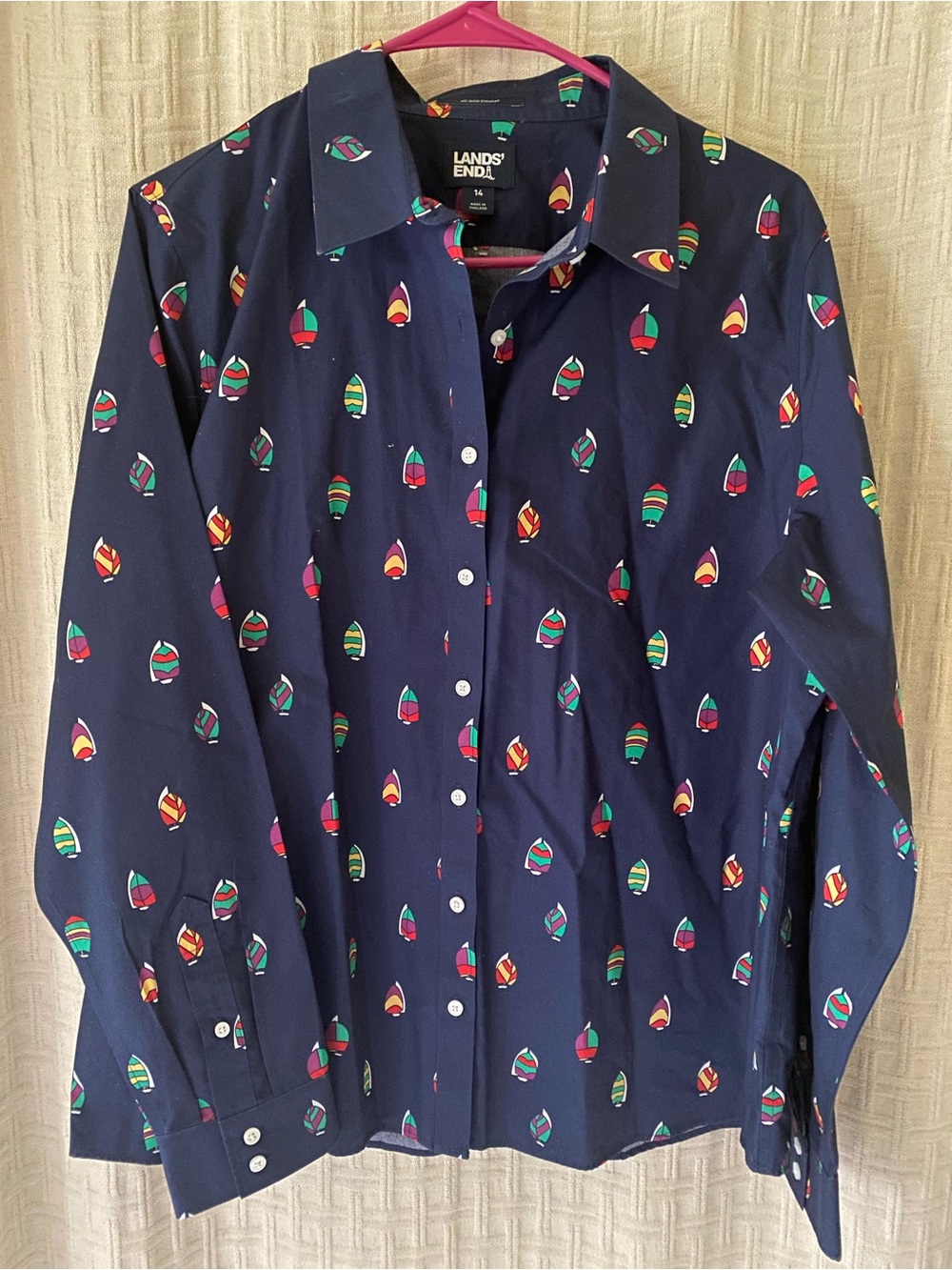 Lands' End Women’s Navy Patterned Button-Up Shirt
